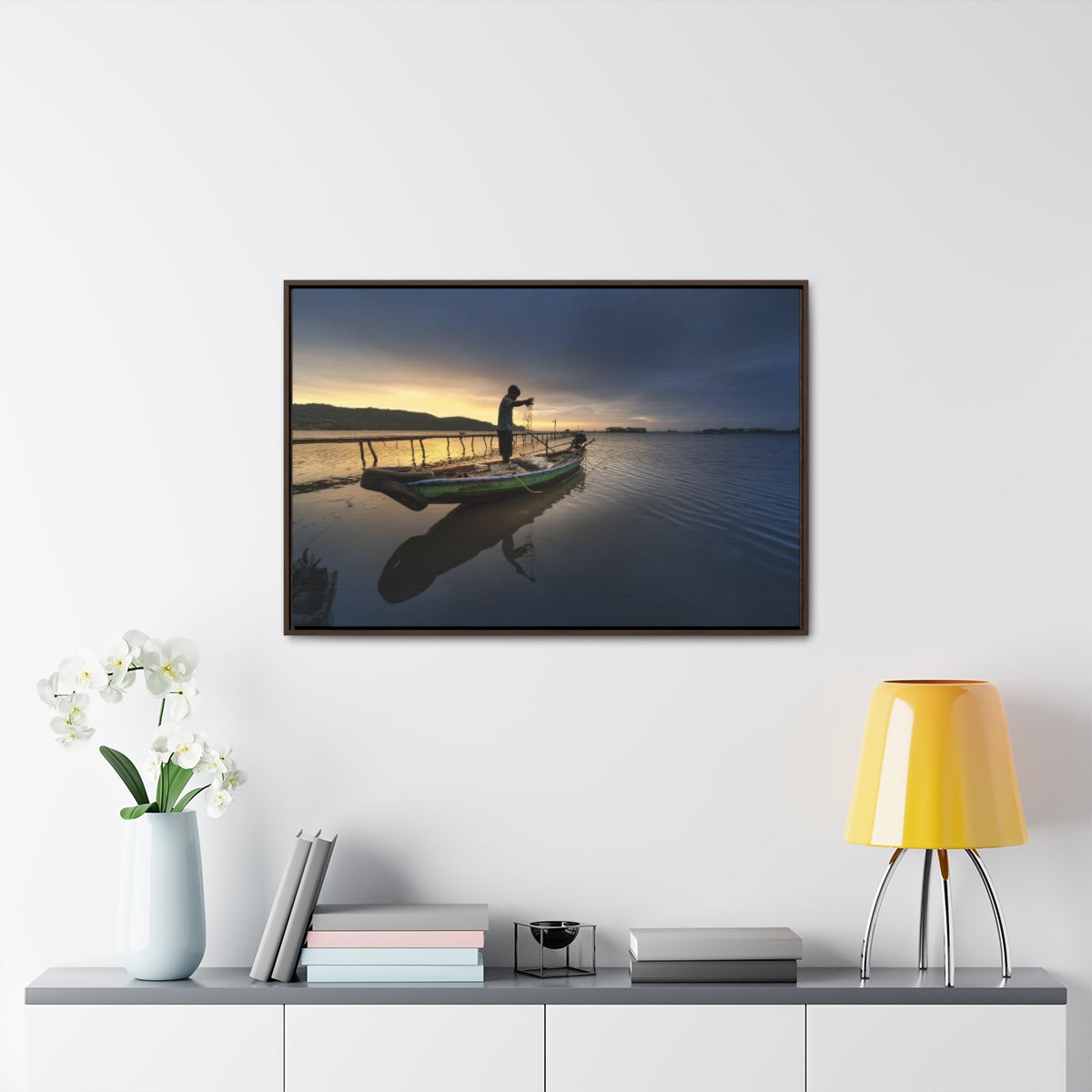 Boat Reflection at Sunset Canvas Print